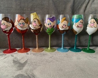 Seven dwarfs hand painted wine glass