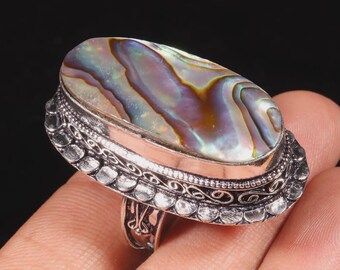Vintage Abalone Shell Statement Ring, Silverpläterade Boho Smycken