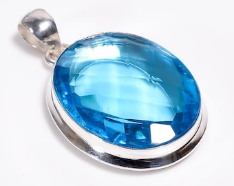 Handmade Faceted Blue Topaz Sterling Silver Pendant, Boho Hippie Style