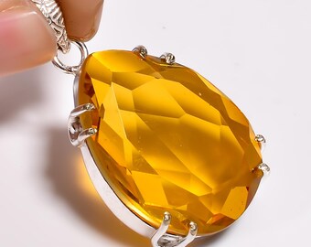 Faceted Citrine Silver Plated Pendant, Boho Hippie Jewelry