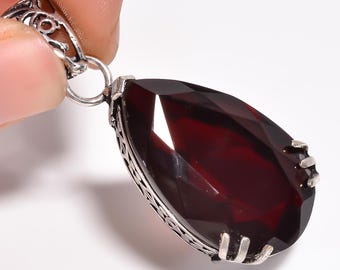 Handmade Boho Silver Plated Red Garnet Pendant