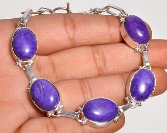Lila Amethyst Armband | Sterling Silber Oval Edelstein Gliederarmband | Boho Schmuck Geschenk für sie | "Heilkristall Armband"