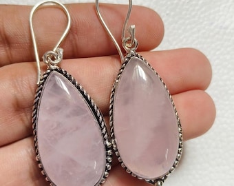 Rose Quartz Earrings, 925 Sterling Silver Earrings, December Birthstone Earrings, Dangle Drop Earrings, Gift For Her, Earring For Women.