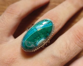 Chrysocolla Oval Shaped Ring, 925 Sterling Silver, Handmade Ring, Statement Ring, Ring For Women, Gift For Her.