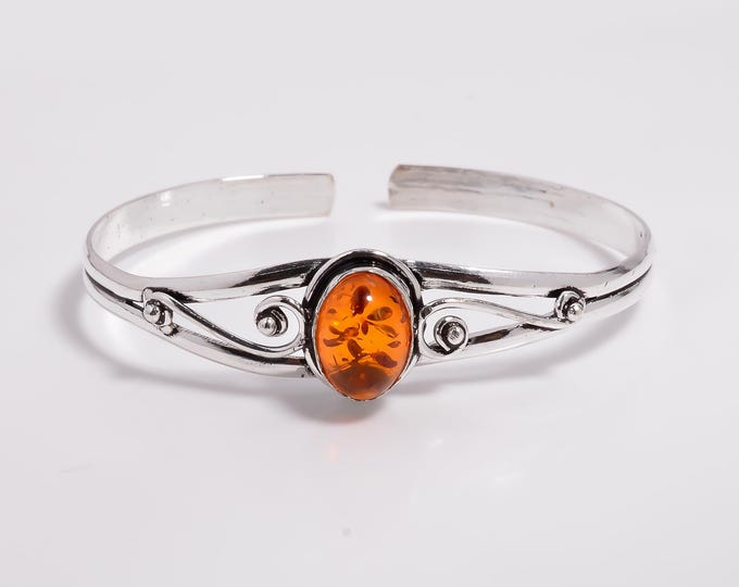 Baltic Amber Bangle, Bangle in Sterling Silver, Adjustable Cuff Bangle, Birthstone Jewelry, Bangle For Women, 925 Sterling Silver.