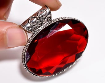 Oval Garnet Pendant, Silver Plated Boho Hippie Jewelry