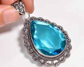 Blue Topaz Silver Plated Pendant, Boho Hippie Style