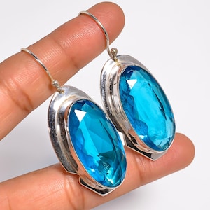 Blue Topaz Earrings, Oval Cut Ear Wire Dangle Drop Earrings, 925 Sterling Silver, Earring For Women.