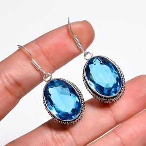 Blue Topaz Faceted Gemstone Earring, 925 Sterling Silver Fashion Earring Jewelry, Statement Earring, Earring For Women & Girls.