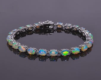 Natuurlijke Ethiopische opaal tennisarmband | Ovale opaal edelsteen sterlingzilveren armband | Oktober geboortesteen sieraden cadeau voor haar"