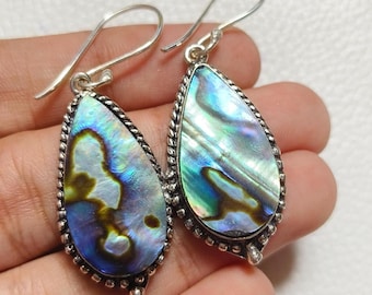 Pendientes colgantes de concha de abulón, estilo bohemio hippie bañados en plata
