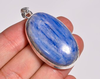 Blue Kyanite Pendant, Silver Plated, Boho Hippie Style