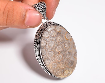 Pendentif en corail fossile - Collier en corail fossile, bijoux d'été pour femme, pendentif en pierres précieuses naturelles, bijoux en argent avec pendentif en corail.