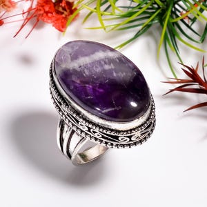 Handmade 925 Sterling Silver Amethyst Ring, Statement Ring, Oval Shape Gemstone Ring, Amethyst Silver Ring Jewelry.
