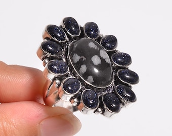 Boho Snowflake Obsidian Ring, Silver Plated Fashion Jewelry