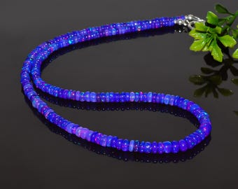 Blue FIRE Ethiopian Opal Beaded Necklace, Smooth Blue Fire Opal Minimalist Necklace, Handmade Silver Opal Necklace.