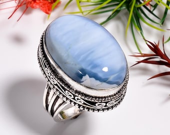 Blue Opal Sterling Silver Ring, Boho Hippie Style