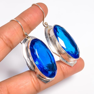 Genuine Blue Topaz Earrings, Oval Cut Ear Wire Dangle Drop Earrings, 925 Sterling Silver, Earring For Women.