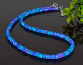 Blue Purple FIRE Ethiopian Opal Beaded Necklace, Smooth Fire Opal Minimalist Necklace, Handmade Silver Opal Necklace.