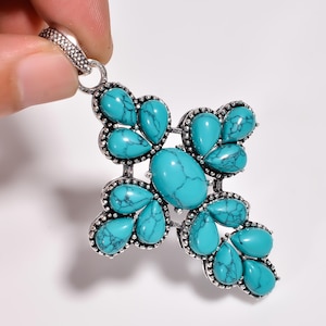 Turkoois kruishanger, 925 sterlingzilveren hanger ketting, handgemaakte turkoois hanger sieraden voor ketting.