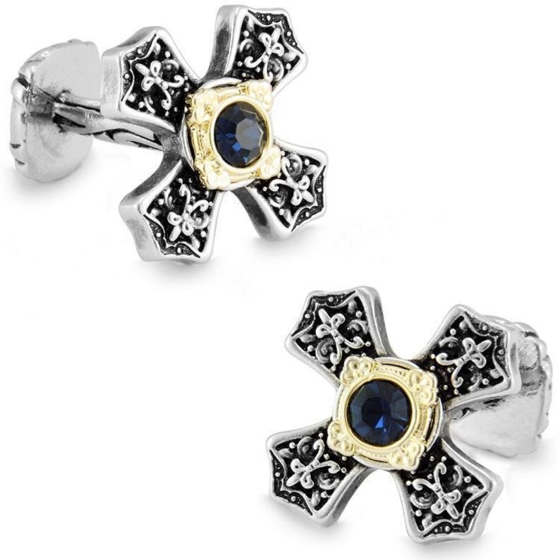 White Gold Electroplated Crystal Rhinestone Cross Cufflinks
