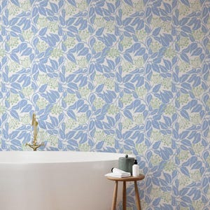 Blue Botanical Wallpaper | Soft Floral Leaf Pattern | Vintage Cottage Wall Decor | Light Blue Wallpaper | Peel and Stick ID 20358116