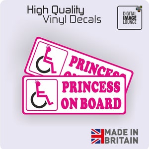 2 X Disabled Princess On Board - Disability Mobility Wheelchair Car Parking Bumper / Window STICKER / VINYL DECAL