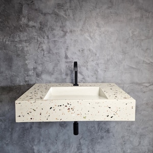 Mid Century Modern Terrazzo Sink, Sleek Wall Hung Floating Ramp Sink, Trendy European Bathroom Design, Luxury Artisan Concrete Sink