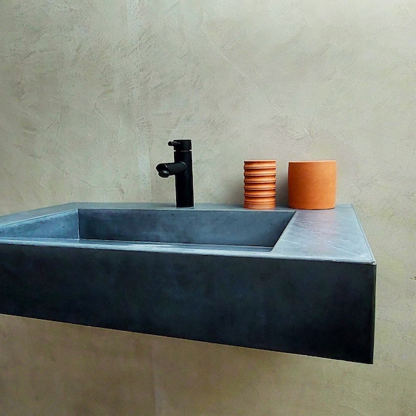 Floating Wall Mounted Concrete Sink, Halfthrough Bathroom Vanity Sink, Mid Century Modern,  Optional Drainboard, Lavatory Sink, Custom Sink