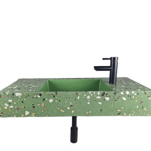 Green Terrazzo Sink, Mid Century Modern Floating Concrete Sink, Wall Mounted Bathroom Vanity, Rectangle Cement Through Wash Basin 24/14"