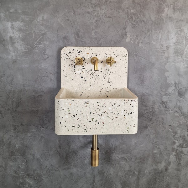 MCM Lavabo seau en béton Terrazzo, lavabo mural à dossier haut, lavabo flottant Mid-Century blanc et gris avec robinet en laiton