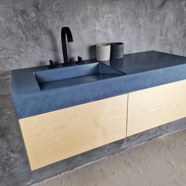 Floating Bathroom Vanity, Concrete Countertop, Integrated Ramp Sink, Cement Bathroom Furniture,  Mid Century Modern Wall Hung Vanity