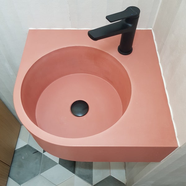 Corner Concrete Sink, Microcement Bathroom Sink, Wall Mount Floating or Countertop Basin, Transitional Bathroom Design for Small Aparment