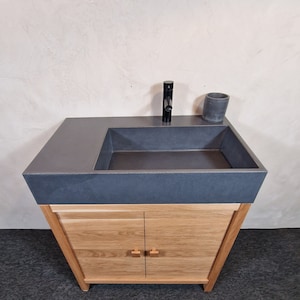 Solid Wood Bathroom Vanity With Sink, Concrete Sink and European oak Bathroom Cabinet, Nordic Scandinavian Bathroom Furniture, Custom Sink