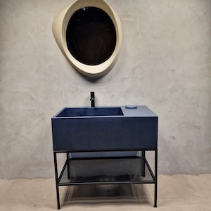 Large Gray Bathroom Vanity With Concrete Sink And Drainboard, Concrete Ramp, Landry Sink, Scandinavian Decor, Modern Trendy Vanity Cabinet