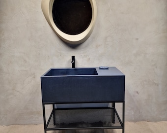 Large Gray Bathroom Vanity with Concrete Sink and Drainboard, Minimalist Bathroom Storage, Scandinavian Bathroom Cabinetry and Fixtures