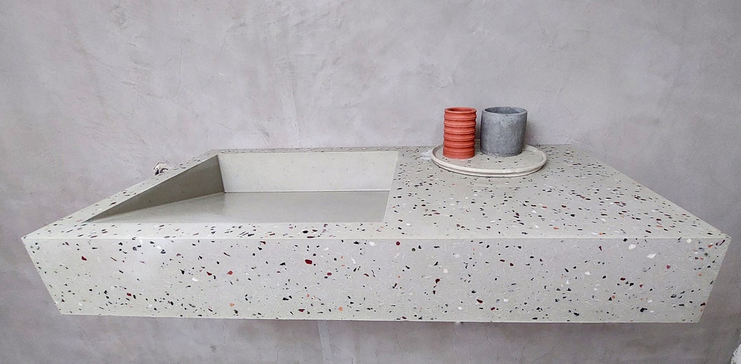 White Terrazzo Concrete Floating Sink Suspended Wall Mount Etsy 日本