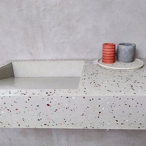 White Terrazzo Concrete Floating Sink, Integrated Countertop Sink, Bathroom Sink, Concrete Ramp Sink, Wall Hung Sink, Modern Sink, Home Gift