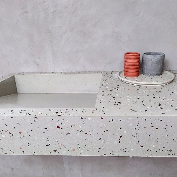 White Terrazzo Concrete Floating Sink,  Suspended Wall Mount Sink, Integrated Countertop with Sloped Ramp Sink for Mid Century Bathroom