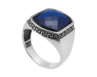 Greek pattern plain 925 Sterling Silver Ring Blue Sapphire Color faceted Gemstone Handmade Mens Women lady's Gift ring  for him her dad mom