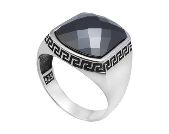Greek pattern plain 925 Sterling Silver Ring Onyx Black Color faceted Gemstone Handmade Mens Women lady's Gift ring  for him her dad mom