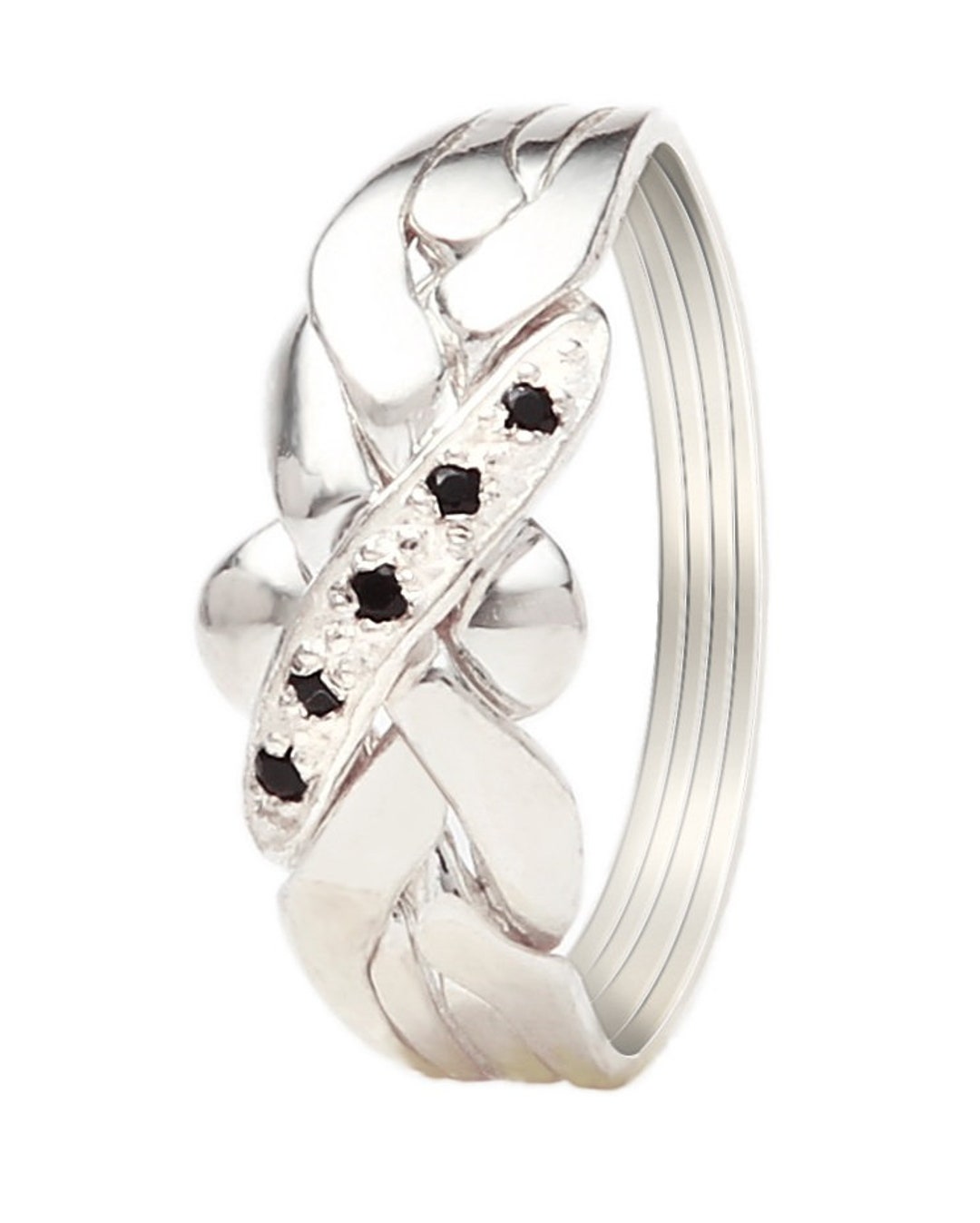 4 Band Womens, Turkish Sterling Solid Silver Puzzle Ring With Stone