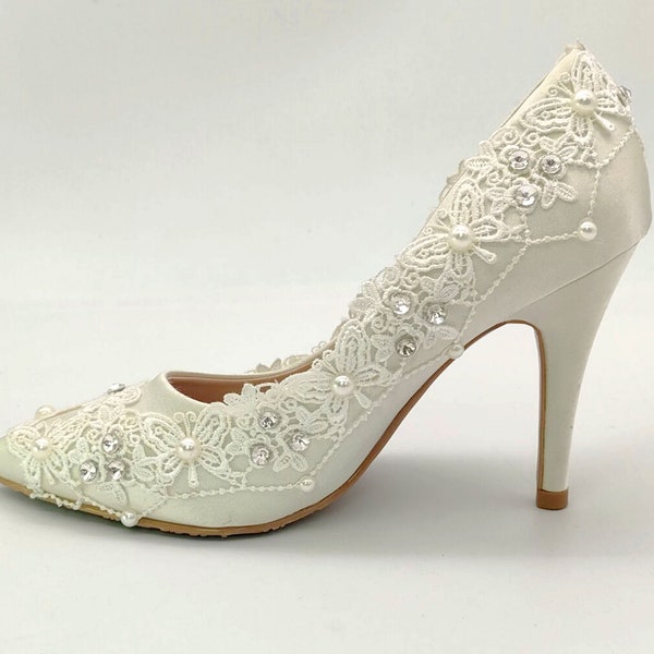 9cm Women Bridal shoes Lace Wedding Shoes Point Toe Wedding Shoes Ivory Bridesmaid Shoes Wedding Party Evening Shoe with Rhinestone