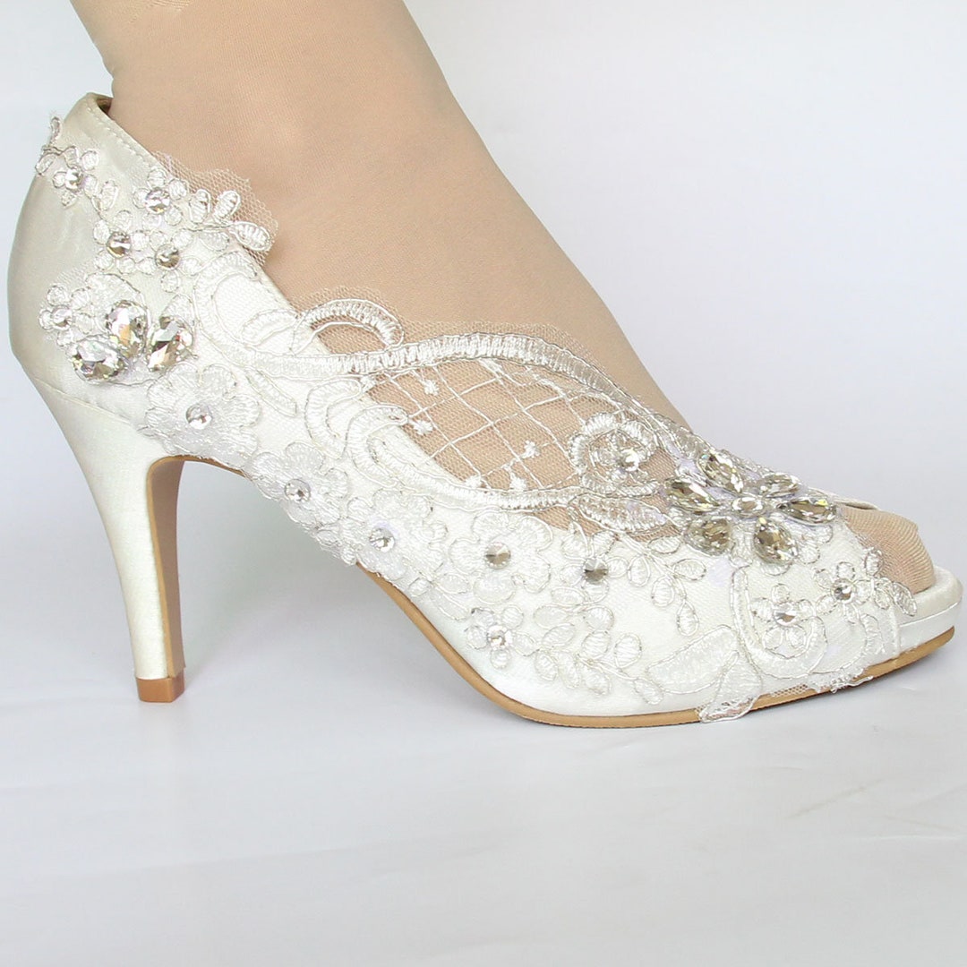 White Lace Wedding Shoe for Bride Heelsopen Toe Wedding Shoes Etsy