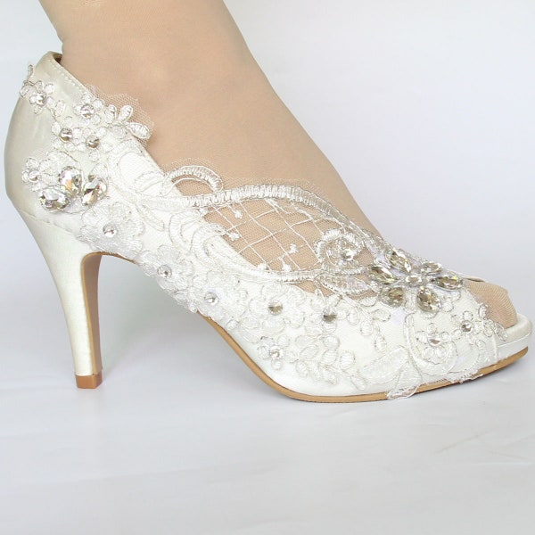 White Lace Wedding Shoe for Bride Heels,Open Toe Wedding Shoes Heel, Princess Shoe, Satin Dress Shoes,Women Gift