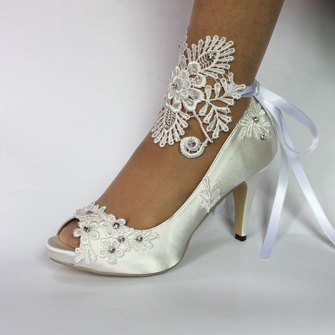 Ivory Wedding Shoes Ankel Ribbon Lace Shoes Bridal Shoes Open Toe