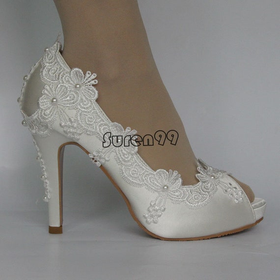 Ivory Wedding Shoes Wedding Heel for Bride Lace Peep Toe Satin - Etsy