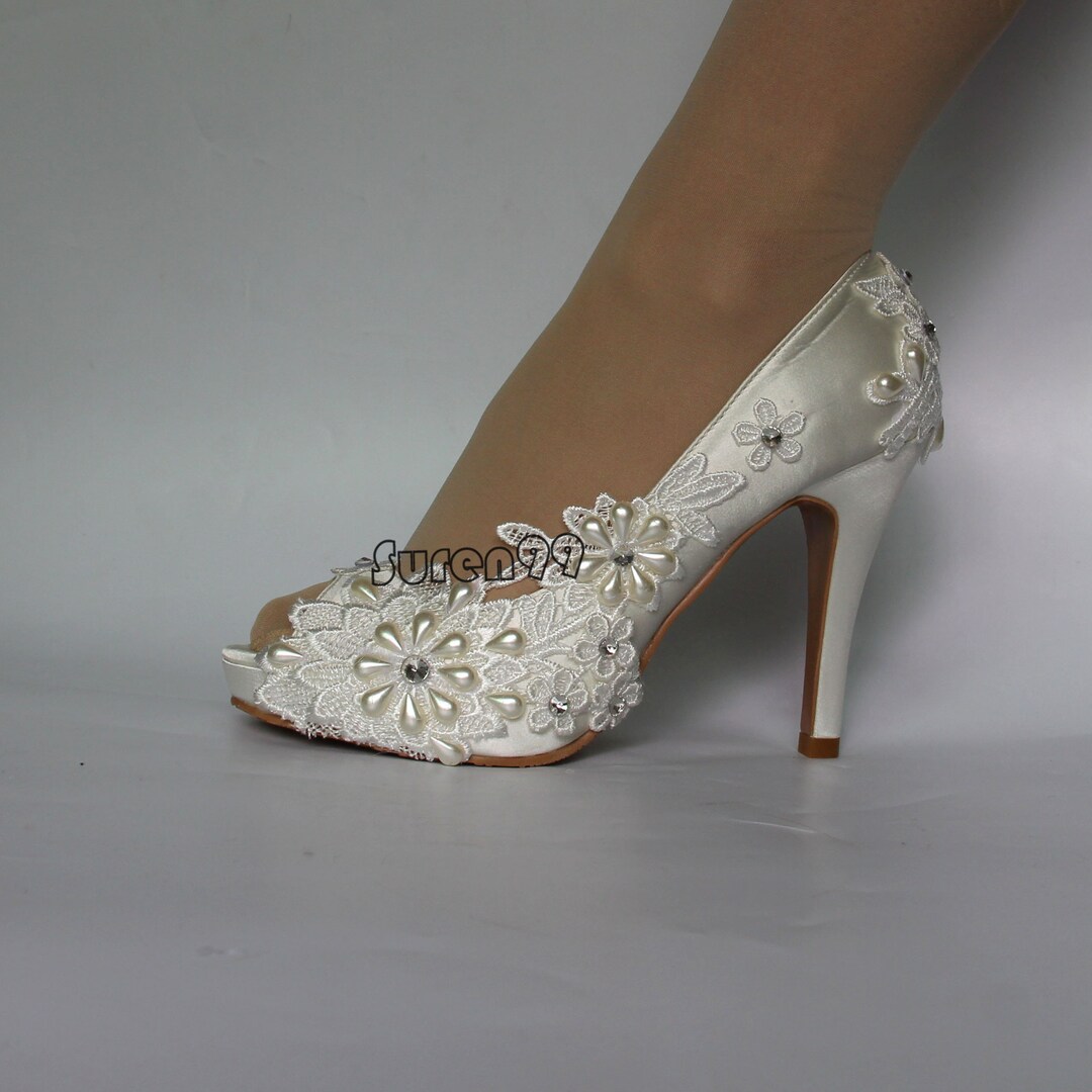 Women's Wedding Shoes White Peep Toe High Heel Luxurious Bridal Shoes with Rhinestone