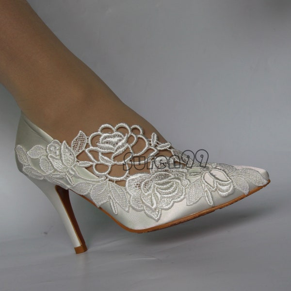 Women Bridal shoes Lace Wedding Shoes Point Toe Wedding Shoes Ivory Pump Shoes Bridesmaids Shoes Wedding Party Evening Shoe with Rhinestone