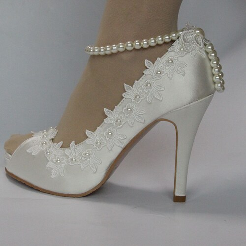 Satin White Wedding Shoes Bridal High Heel Wedding Flower - Etsy